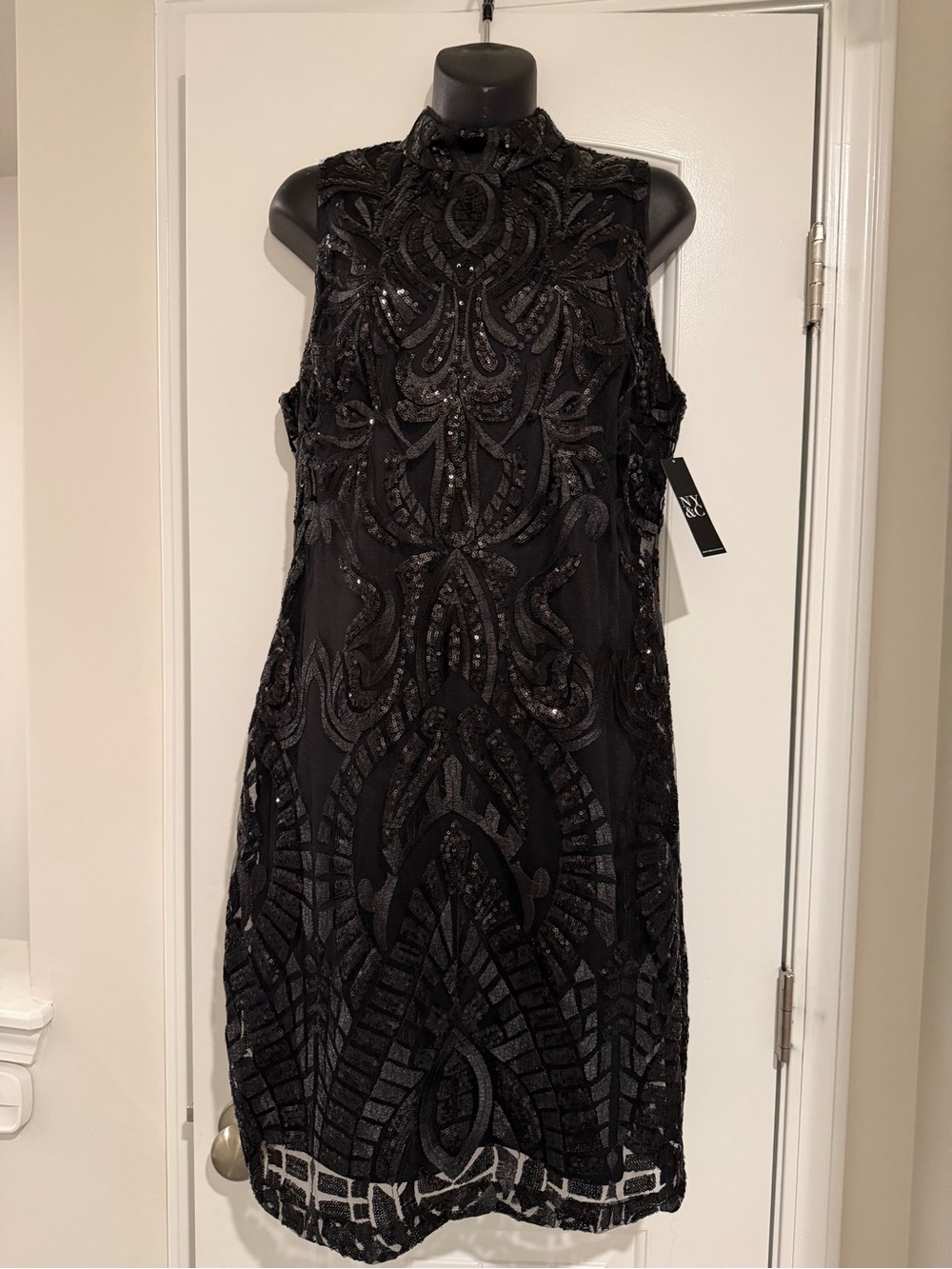 New York & Company Black Beaded High-Neck Cocktail Dress